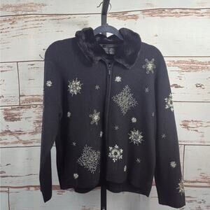 NWPT Nordic Design Wool Beaded Full Zip Sweater Black Size Petite Large